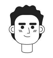 Poster - Happy curly haired man monochrome flat linear character head. Editable outline hand drawn human face icon. Successful entrepreneur. 2D cartoon spot vector avatar illustration for animation