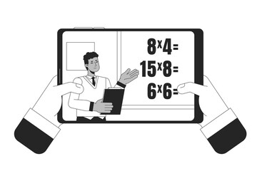 Poster - online lesson on tablet flat line concept vector spot illustration. teacher teaching math near black