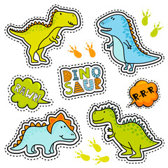 Wall Mural - Set of stickers with dinosaurs for little boys. Cute elements in bright colours isolated on white background. Patch in cartoon style.