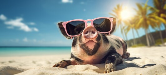 Funny animal pet summer holiday vacation photography banner background - Closeup of pig with sunglasses, chilling relaxing at the tropical ocean beach (Generative Ai)