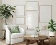 Frame mockup, Home interior background, living room in light pastel colors, 3d render