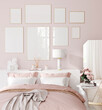 Frame mockup, Home interior background, Bedroom in pink pastel colors, 3d render
