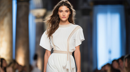 Beautiful top model girl in the fashion week runway wearing white dress