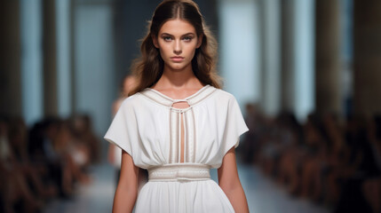 Beautiful top model girl in the fashion week runway wearing white dress