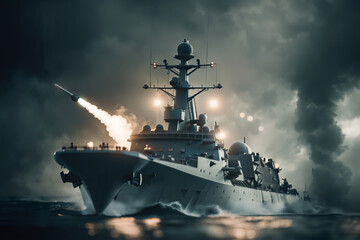 WAR SERIES, Speeding Navy Destroyer Class War Ship Launching a Missile, created with Generative AI technology