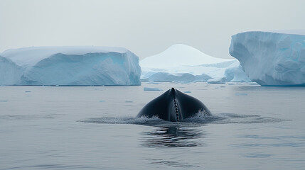 Wall Mural - A humpback whale emerges in the background are floating ice glaciers . Generative AI