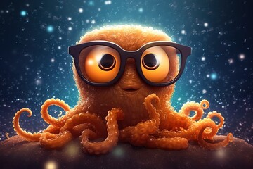 Sticker - a cartoon depiction of an octopus wearing glasses on its head