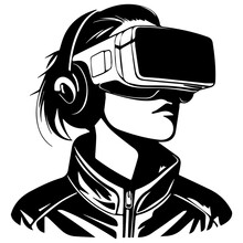 Person In Virtual Reality Headset. VR Headset Goggles. Virtual Reality Art Icon, Symbols, Logo, Illustrations, Signs, Doodles For Web, Business, Online. Vector Illustration, Technology And Innovation
