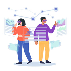 Aufkleber - Man and woman studying information in VR headsets. Cartoon couple in VR glasses looking at data vector illustration. Virtual reality, modern technology, entertainment, leisure, information concept