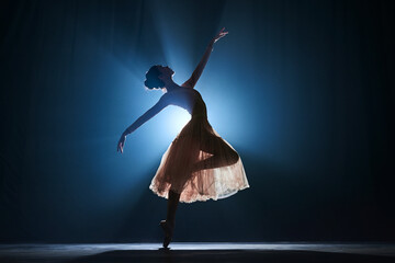 Wall Mural - Attractive, artistic, talented young girl, ballerina dancing classical dance, performing against dark blue background with spotlight