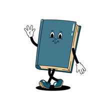 Vector Cartoon Retro Mascot Color Illustration Of Walking Book. Vintage Style 30s, 40s, 50s Old Animation. The Clipart Is Isolated On A White Background.