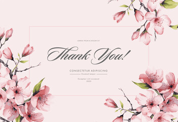 Wall Mural - Cherry blossom thank you card design template. Watercolor cherry blossom invitation.