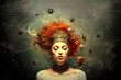 Surreal portrait of a redhead woman with whorls and stone orbitals showing the confusion in her head, made with generative ai