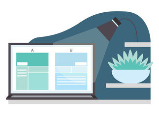 Flat style illustration of a laptop with two versions of a website prototype on screen. A/B testing, UI UX concept. Web designer work desk with a lamp and a plant. Working at night concept.