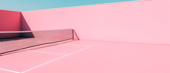 Wall Mural - Pink tennis court scene.Stadium, field. Sport lifestyle background. Summer template or banner. Sport games cover. Generative a