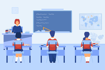 Poster - Back view of schoolchildren studying in classroom with teacher. Class or lesson in room with chalkboard, desks and textbooks vector illustration. Education, knowledge, childhood concept