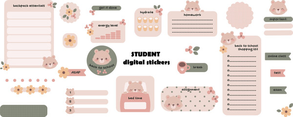 Wall Mural - Kawaii digital stickers for students with cute bear. Digital note papers and stickers for bullet journaling or planning. Student digital stickers. Vector art.