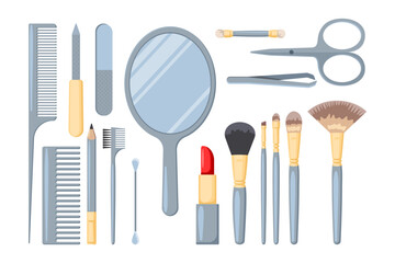 Different beauty or stylist tools vector illustrations set. Collection of cartoon drawings of combs, makeup brushes, mirror, scissors, lipstick, nail file. Beauty, fashion, make-up, salon concept