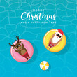 cute santa claus and deer relaxing on float ring in water on the beach christmas design vector illustration EPS10