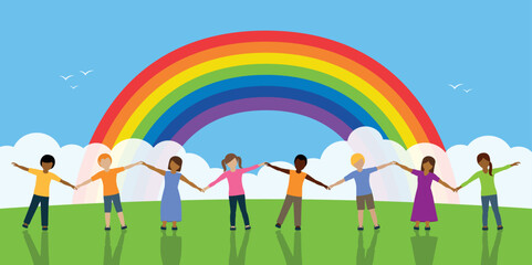 happy children of different skin color holding hands under rainbow vector illustration eps10