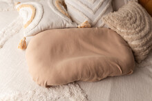 Background For A Photo Shoot. Boho Location.Boho Style.Baby Cocoon.Newborn Photo Shoot.Beige Cocoon.