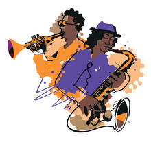 Two Jazzmen, Jazz Theme, Trumpet Player And Saxophonist. 
Expressive Colorful Illustration Of Two Jazz Musicians. Isolated On White Background. Vector Available.