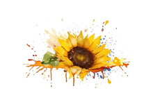 Sunflower With Splashes. Watercolor. Vector Illustration Design.