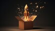 © NK - Rocket taking off from cardboard box on black background