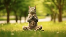 A Cat Striking A Hilarious Yoga Pose Sitting In A Grassy Field