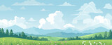 Beautiful landscape. Wonderful landscape of green fields and meadows against the backdrop of mountains. Vector illustration