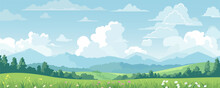 Beautiful Landscape. Wonderful Landscape Of Green Fields And Meadows Against The Backdrop Of Mountains. Vector Illustration