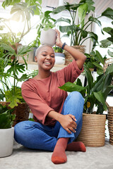 Sticker - Portrait of a black woman, garden and happy with plant on head and care for plants, leaves and sunshine in greenhouse. Gardening, growth and person with pride for houseplant, cactus or aloe vera