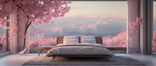 A Modern Hotel Bedroom With Pink Cherry Blossom Interior Design. The Room Has Amazing Views Of The Ocean And Mountains. The Perfect Place For A Relaxing Summer Vacation And Enjoying Nature.