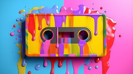 Creative retro concept of cassette tape with colorful paint dripping down