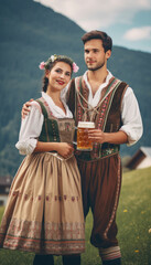 German couple drinking beer and celebrating the Oktoberfest. Generative AI illustrations