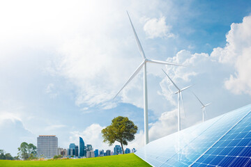 Wall Mural - wind turbine farm, solar panel and smart city in the background. renewable energy. sustainable and e