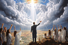 Illustration Of People Of God Awaiting The Return Of Jesus Christ In The Clouds Of Heaven With Great Glory Generative AI