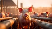 Curious Small Piglet. Pig Indoor On Farm. Pork Livestock Breeding. Generative AI
