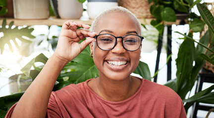 black woman, glasses and vision with smile in portrait, eye care and optometry with frame and prescr