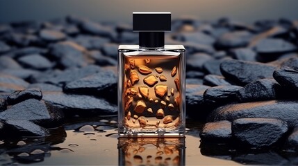 Illustration of a bottle of perfume sitting on top of a pile of rocks