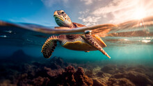 Underwater View Of A Magnificent Sea Turtle Gracefully Swimming, Generative AI