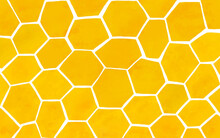 Beehive Honeycomb Horizontal Background. Watercolor Texture Hexagon Print, Yellow Sweet Bee Honey Banner. Childish Style Backdrop With Large Scale Bee Honeycomb. Yellow Organic Honey Print