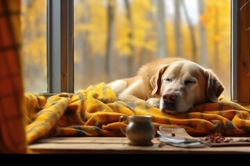 Dreaming dog sleeps on cozy warm windowsill in autumn weather, hygge concept