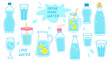 Cute water doodle. Bottle, glass, and decanter of water, water drop, ice cubes, slice of lemon and splash, hand drawn trendy vector illustration icon set. 