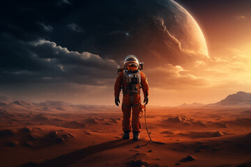 generative ai astronaut wearing space suit walking on a surface of a red planet