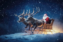 Santa Claus With Reindeer On Christmas Card