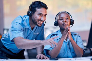 Poster - Security, surveillance and a man training a black woman in a control room for safety or law enforcement. Teamwork, office and headset with a private guard team watching a monitor for crime prevention