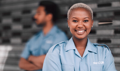 Aufkleber - Portrait, security or safety and a happy black woman in the city with a man colleague on the street. Law enforcement, smile and duty with a crime prevention unit working as a team in an urban town