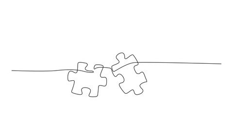 Continuous one line drawing of two puzzle jigsaw pieces. Single line drawing of puzzle pieces for ideas, business strategy, thinking process, human creativity, problem solving. Editable stroke vector