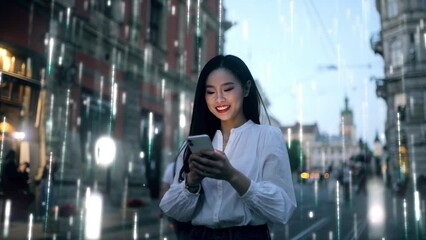 Wall Mural - Beautiful Asian Woman Using Smartphone on a City Street at Night. Wireless communication network concept. Visualization of the Internet by information lines flying to the global digital network